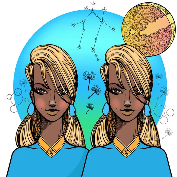 Afro Amerikai Lány Szimbolizáló Gemini Horoszkóp — Stock Vector