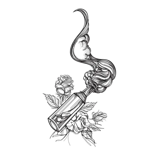 Κοκτέιλ Μολότωφ Φιάλη Περίγραμμα Λουλούδια Σχεδίασης Για Χρωματισμό Τατουάζ — Διανυσματικό Αρχείο