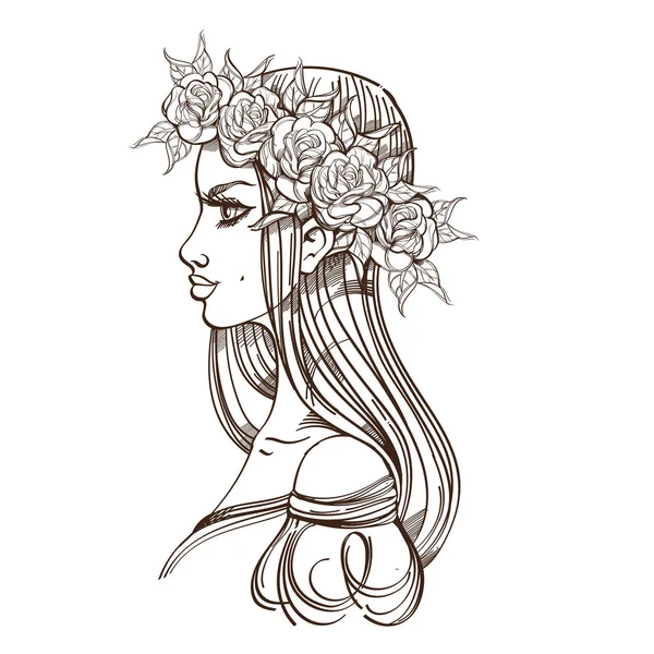 白い背景に分離されたバラの花輪の女性 — ストックベクタ