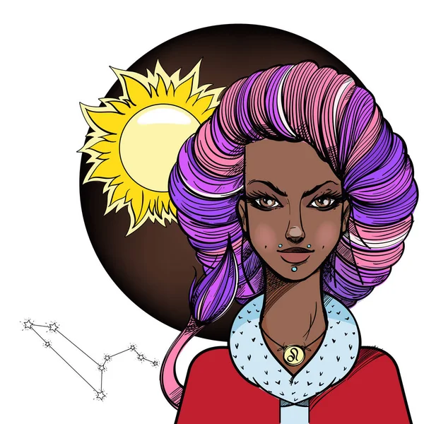 レオの星座を象徴するアフリカ系アメリカ人の女の子 — ストックベクタ