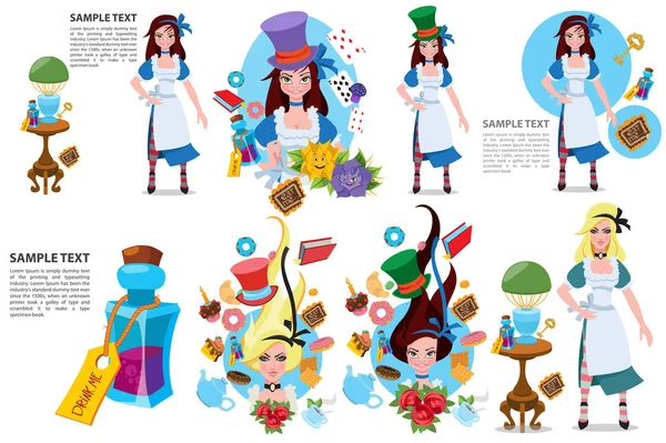 Peri Masalı Alice Adventures Wonderland Karakterleri Ile Antika Arka Plan — Stok Vektör