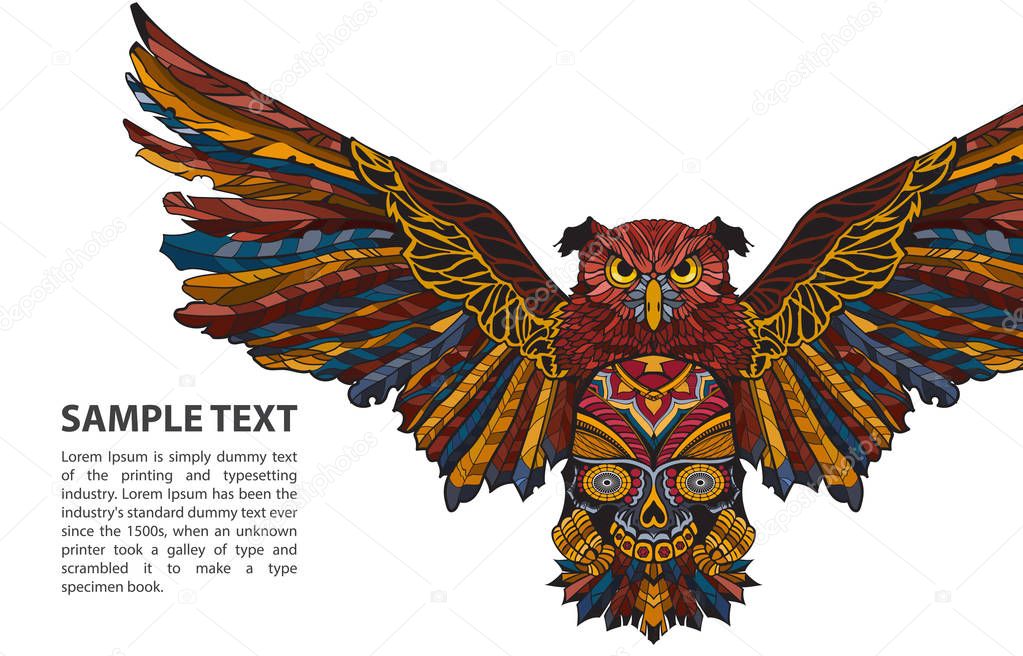Patterned owl on white background with place for text
