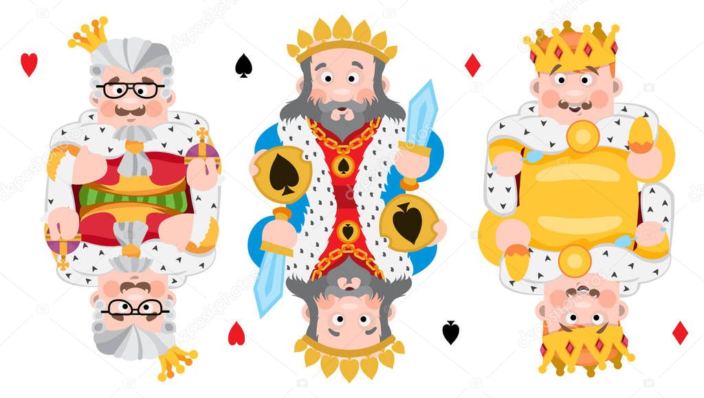 Kings of three suits: hearts, spades and diamonds playing cards with cartoon cute characters isolated on white background