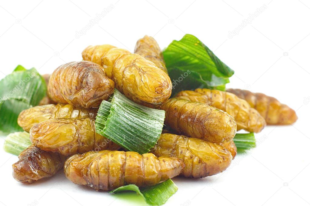 Silkworm pupa fried with green pandan leaf 