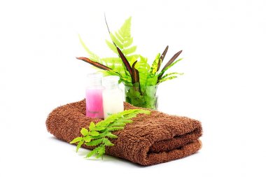 Şampuan ve duş jeli şişe ve br yeşil yapraklarda Spa set