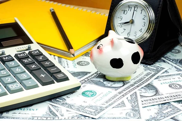 Mała Świnka skarbonka i Kalkulator finansowy na Pale z Us dollar — Zdjęcie stockowe