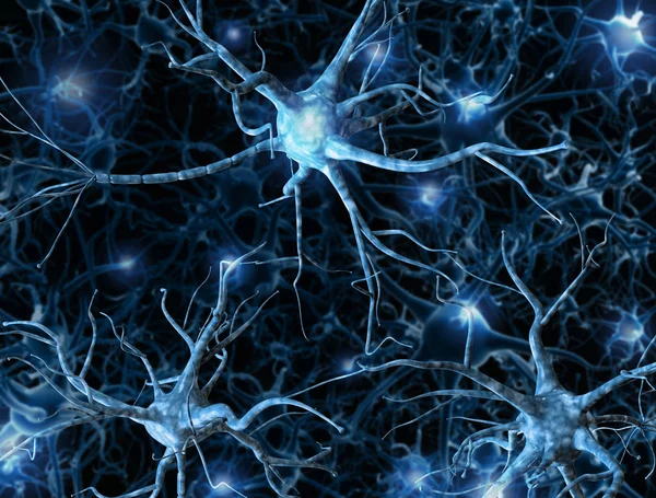 Red neuronal sobre fondo azul oscuro con efectos de luz. 3D — Foto de Stock