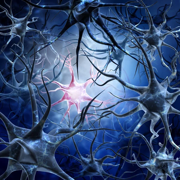 A bright neuron in the center of a multitude of neurons on a dar — Stock Photo, Image