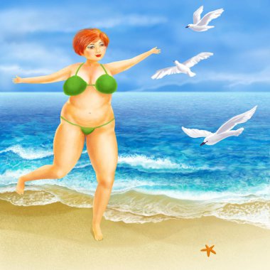 Kızıl saçlı kız sahilde bir mayo. Martı ve deniz. A