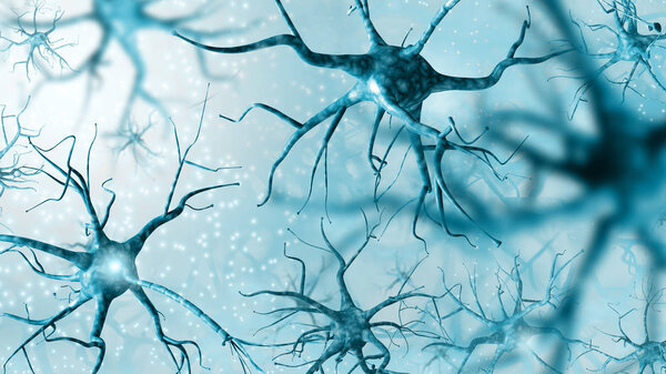 Interconnection between neurons on a light blue background. A hi