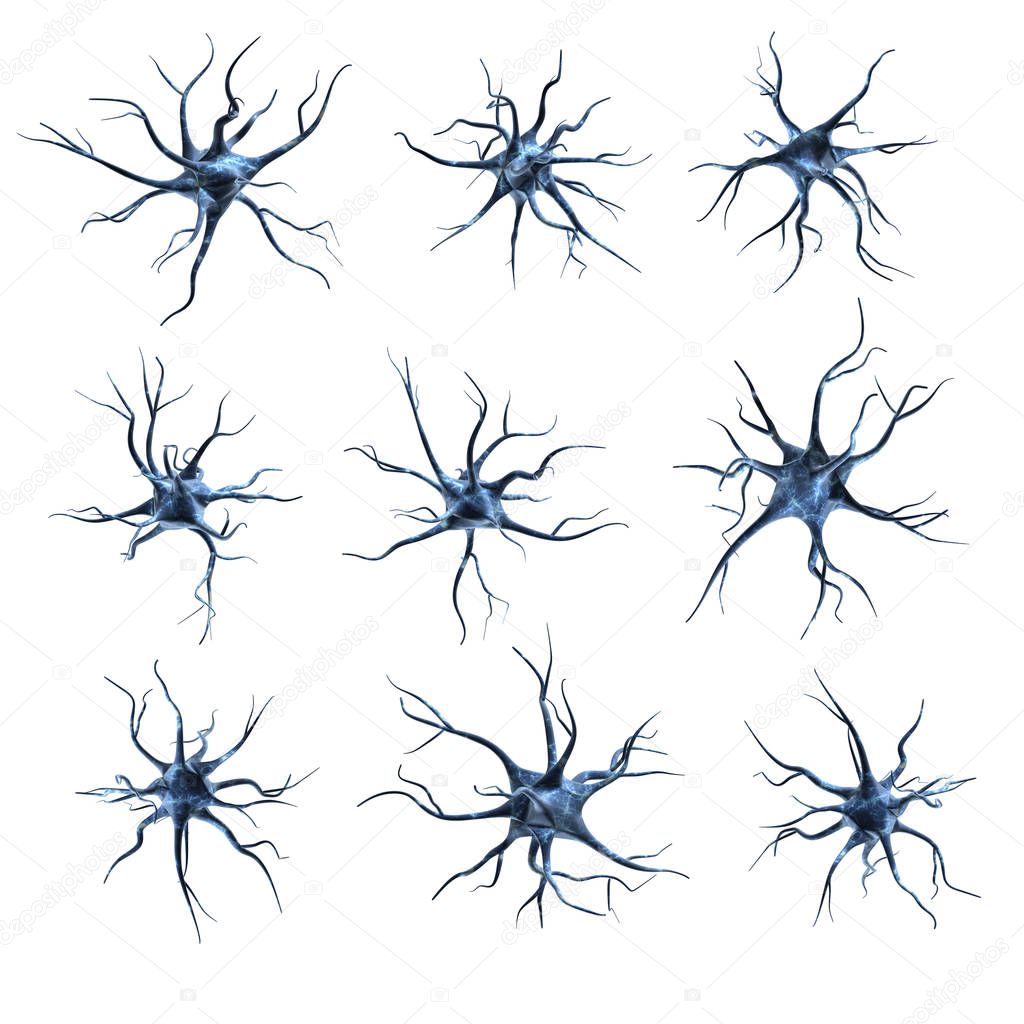 A set of neurons in blue. 3d rendering.