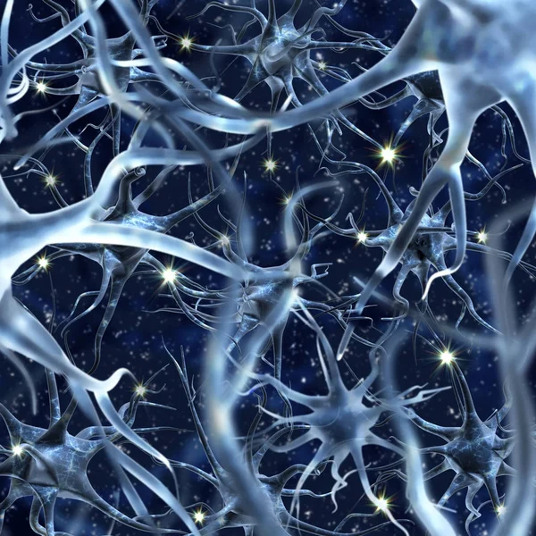 Beaucoup de neurones sur un fond bleu et des éclairs lumineux similaires — Photo