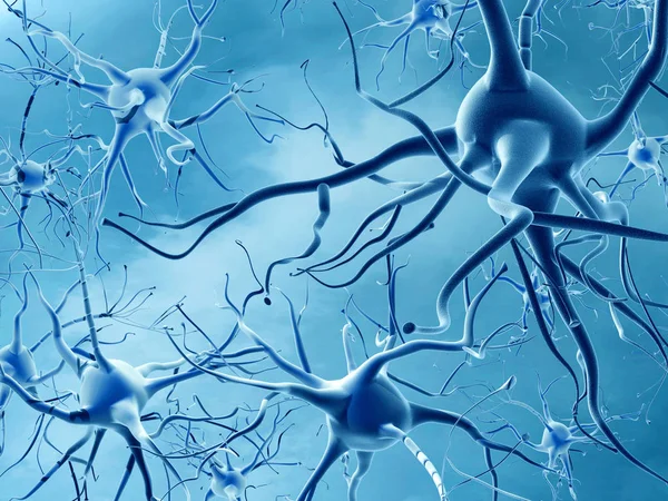 Neuronas azules sobre fondo azul. Imagen horizontal 3D renderizado — Foto de Stock