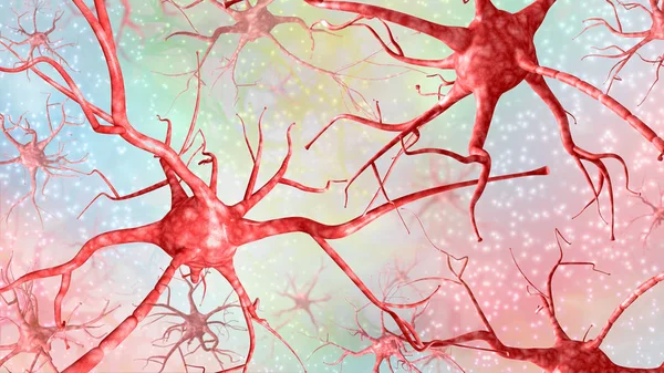 Horizontal 3d illustration of red neurons on a colored backgroun — Stock Photo, Image