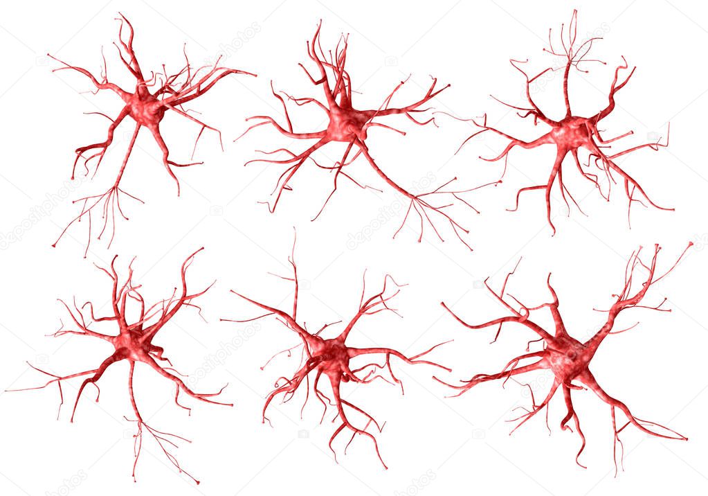 Set of red neurons on a white background. 3d rendering.