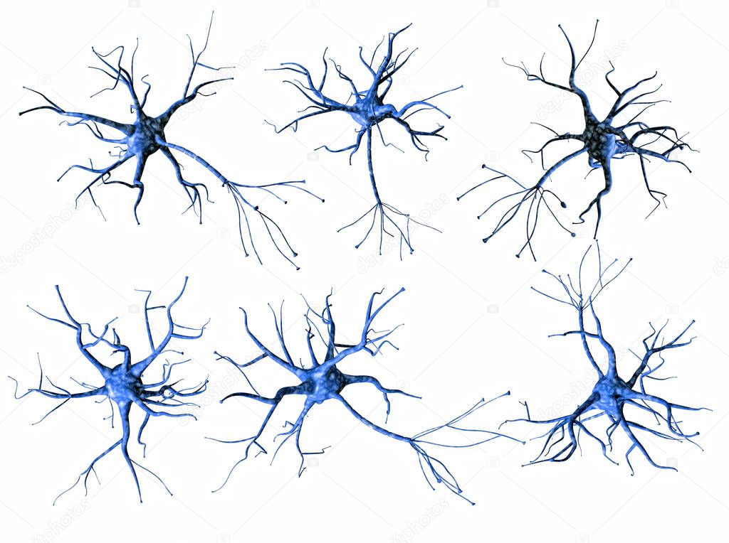 Set of different blue neurons isolated on white background. 3d r