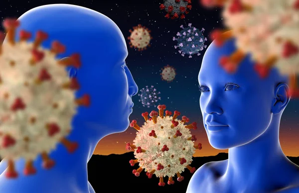 Covid19コロナウイルスの広がりと感染症 仮面のない男と女 インフルエンザと肺炎の発生 3Dイラスト ロイヤリティフリーのストック写真