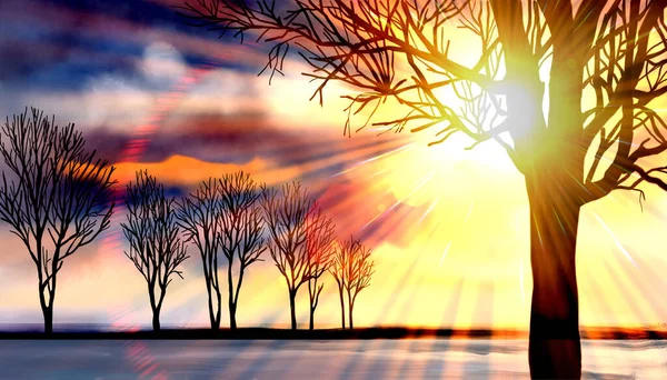 Digital Painting Landscape Sun Rays Trees Silhouettes Sunrise Painted — Stock Photo, Image