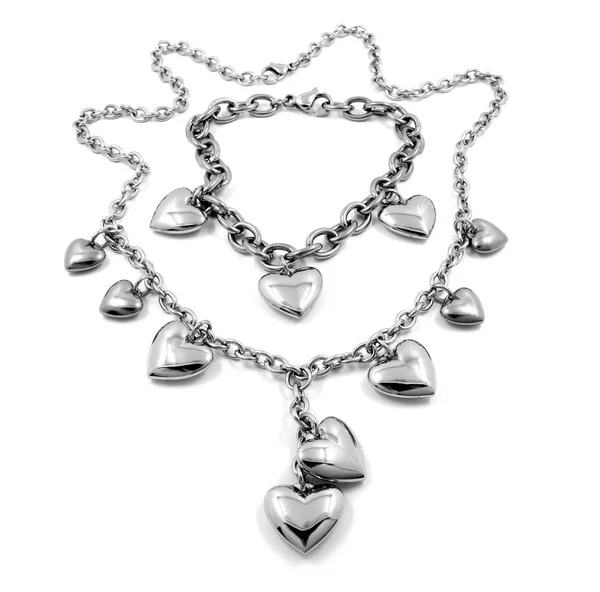 Ezüst készlet szív - ezüst, rozsdamentes acél, fehér arany - nyaklánc és karkötő — Stock Fotó