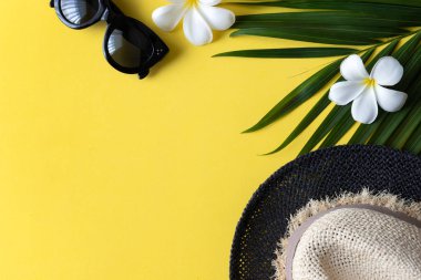 Şapkalı, güneş gözlüklü, tropikal palmiye yapraklı ve... 