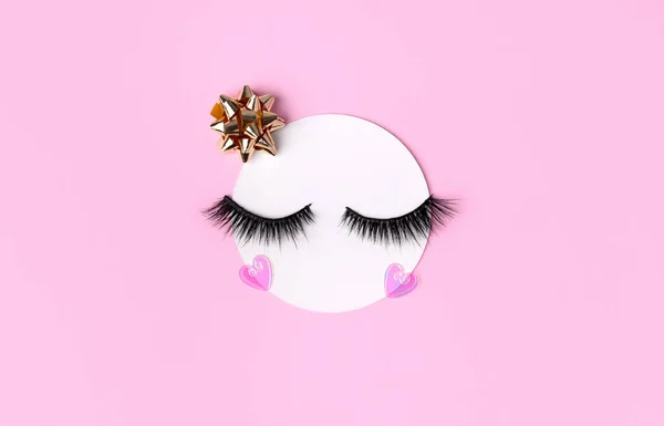 Creative Layout Eyelashes Closed Eyes Pastel Pink Background Minimal Template — Stock Photo, Image