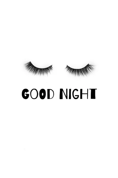 Поздравительная Открытка Ресницами Текстом Спокойной Ночи Закрытые Глаза Белом Фоне — стоковое фото