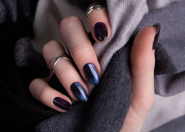 Beautiful Groomed Woman Hands Dark Glitter Polish Design Nails Manicure — Stock Photo, Image