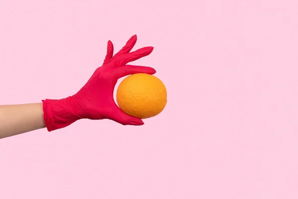 Womans Hand Pink Glove Holding Orange Stay Safe Home Grocery — Stock Photo, Image