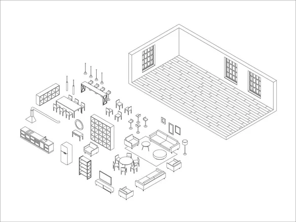 Conjunto de muebles de línea en vista isométrica — Vector de stock