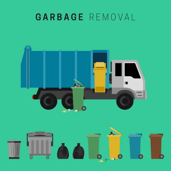 Autocarro della spazzatura e bidoni dei rifiuti — Vettoriale Stock