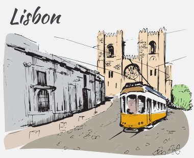 Lisbon Cathedral ve tramvay. 