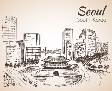Namdaemun, Sungnyemun - Seul cityscape, elle çizilmiş. Güney K