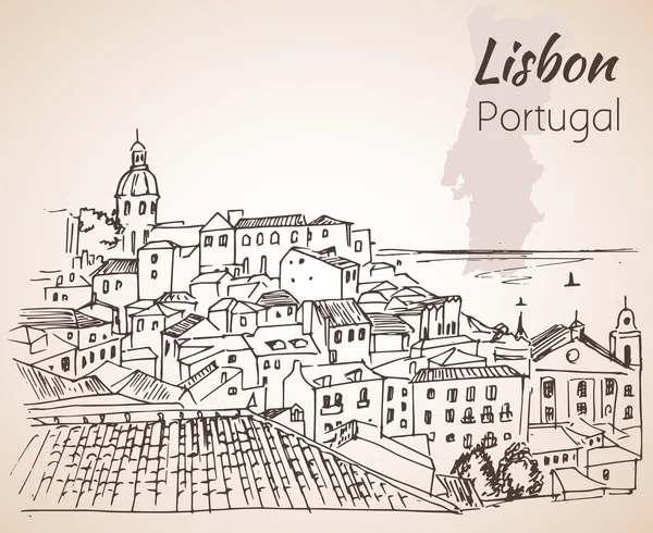 Lisboa paisaje urbano - boceto dibujado a mano. Aislado sobre fondo blanco — Vector de stock