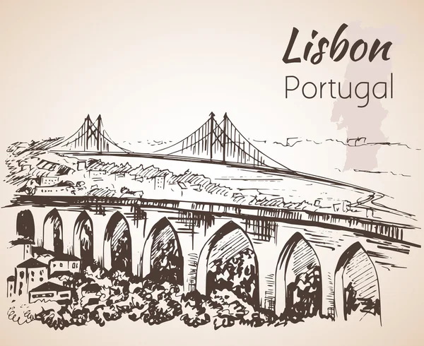 Paysage urbain de Lisbonne avec des ponts - croquis dessiné à la main . — Image vectorielle
