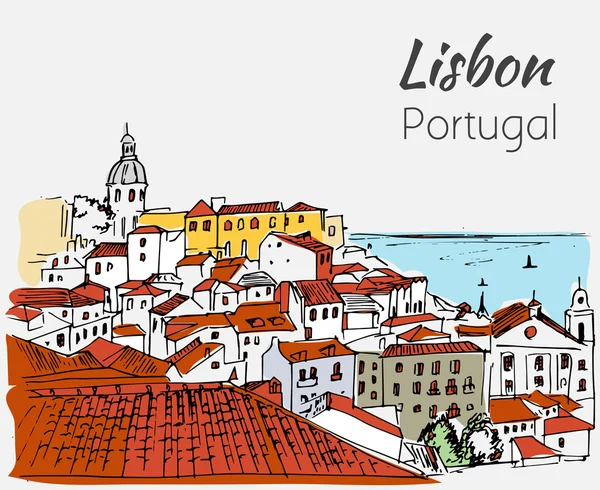 Lisbon cityscape - sketsa gambar tangan . - Stok Vektor