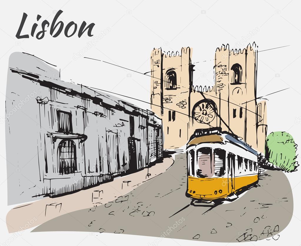 Lisbon Cathedral and tram. 