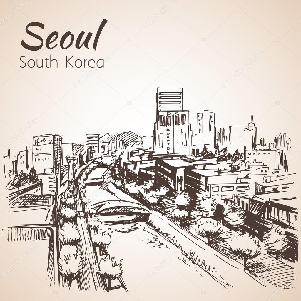 Seoul cityscape, hand drawn - South Korea. Sketch. 