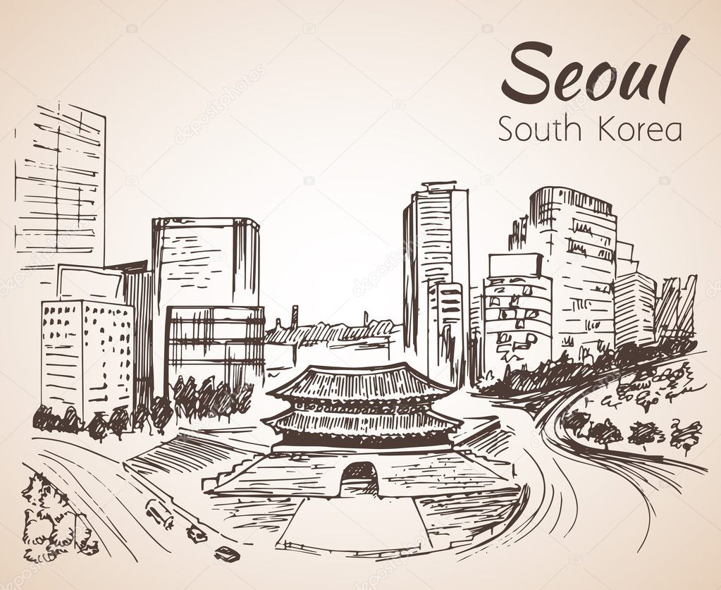 Сеул город зарисовка