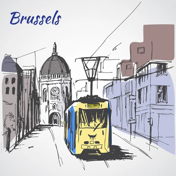 Vue rue Bruxelles avec tram . — Image vectorielle