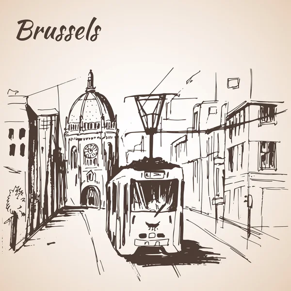 Brüssel street view mit Straßenbahn. — Stockvektor