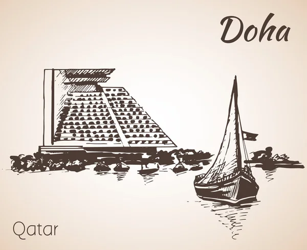 多哈，卡塔尔城市视图素描. — 图库矢量图片
