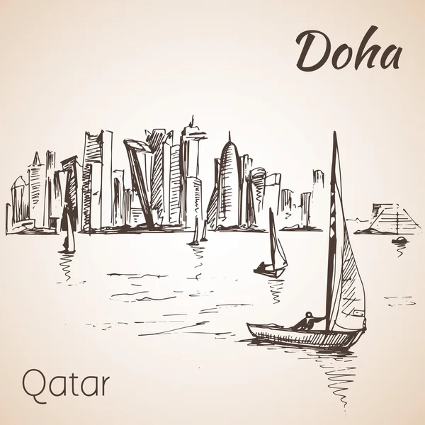 Doha, Qatar vista da cidade esboço . —  Vetores de Stock