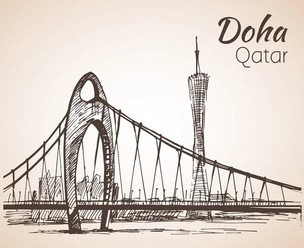 Schizzo vista città di Doha, Qatar. — Vettoriale Stock