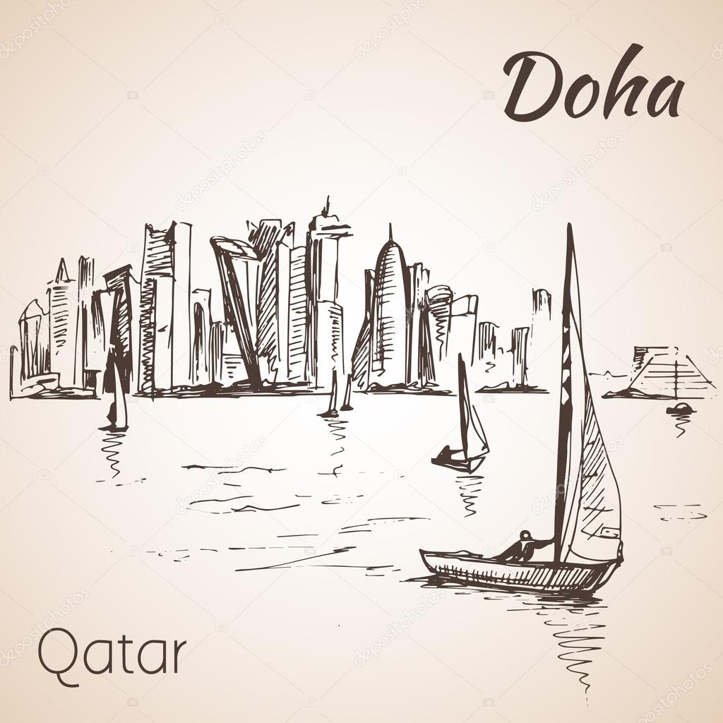 Doha, Qatar city view sketch. 