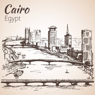 Cairo manzarası, Mısır. Kroki. Beyaz arka plan üzerinde izole