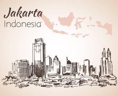 Jakarta cityscape kroki harita ile. Beyaz arka plan üzerinde izole
