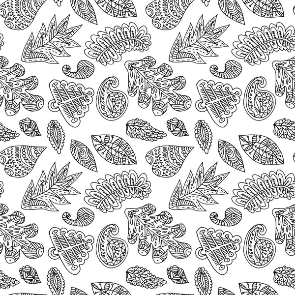 Abstraktes Schwarz-Weiß-Muster mit handgezeichneten Blättern — Stockvektor