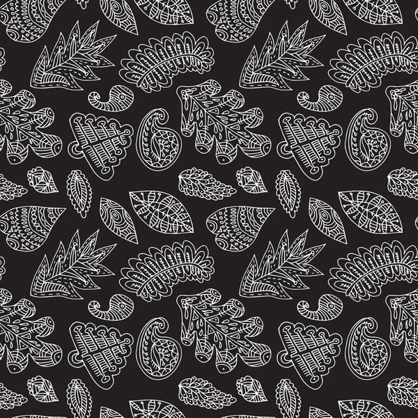 Abstraktes Schwarz-Weiß-Muster mit handgezeichneten Blättern — Stockvektor