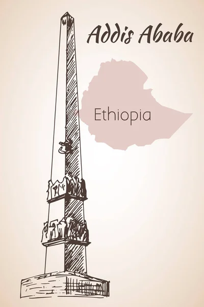 Famoso obelisco en Addis Abeba y mapa — Vector de stock
