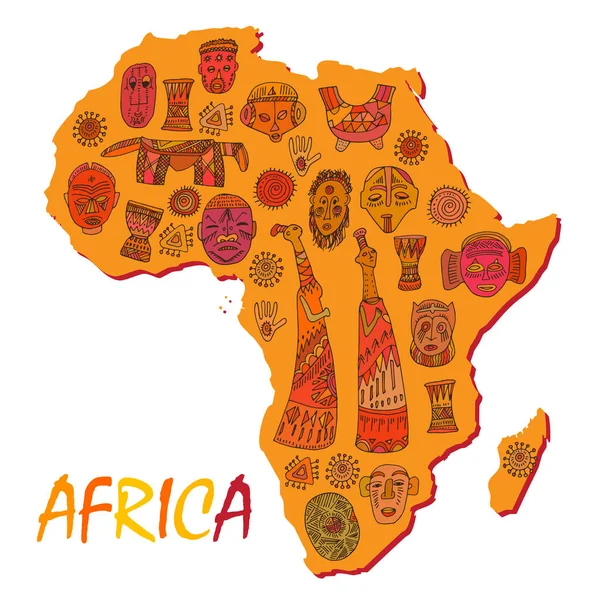 Carte d'Afrique avec différents symboles et signes anciens — Image vectorielle